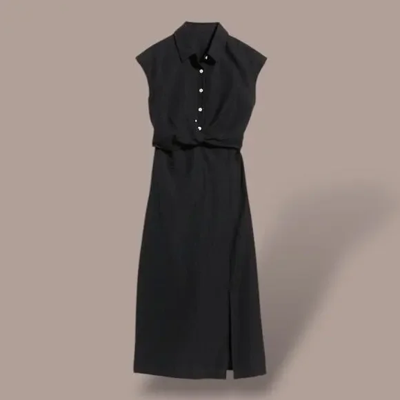Old Navy Black Twist-Front Waist-Defined Midi Shirt Dress Size M - Picture 3 of 8